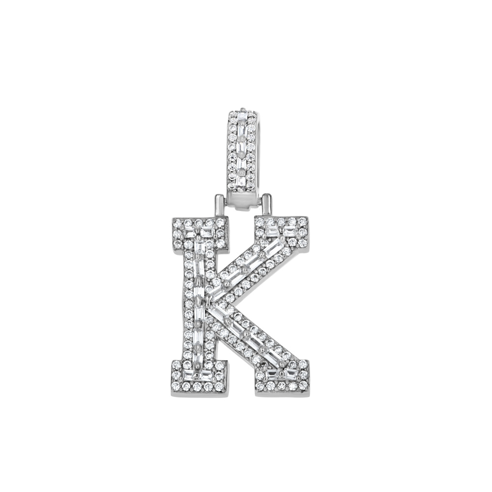 925 Sterling Silver Round Baguette Cubic Zirconia Initial Letter K Charm Pendant